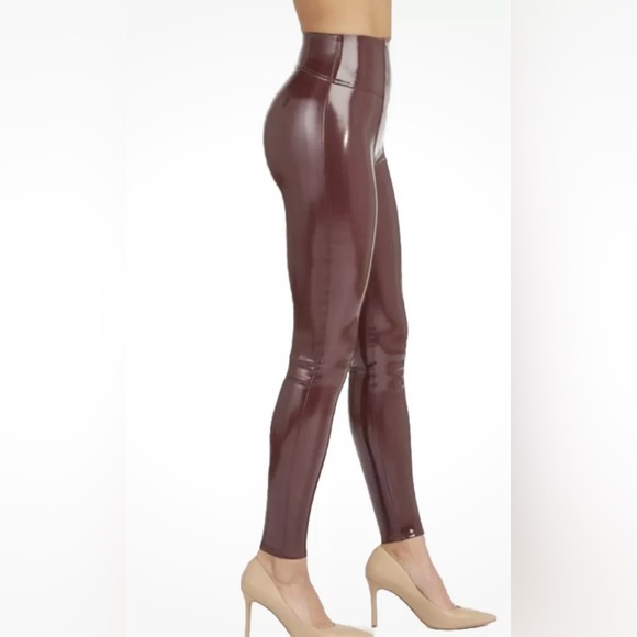 SPANX SHINY FAUX PATENT LEATHER LEGGINGS BURGUNDY/RUBY RED | Size: L - Picture 2 of 15